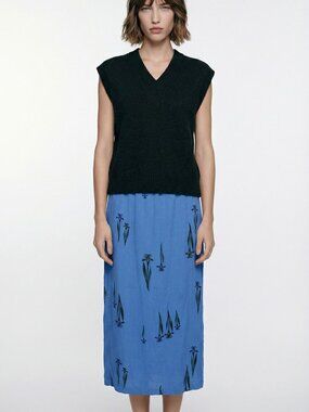 Vintage 90's Amanda Gray Iris Print Blue Straight Skirt Size 1X Elastic Waist